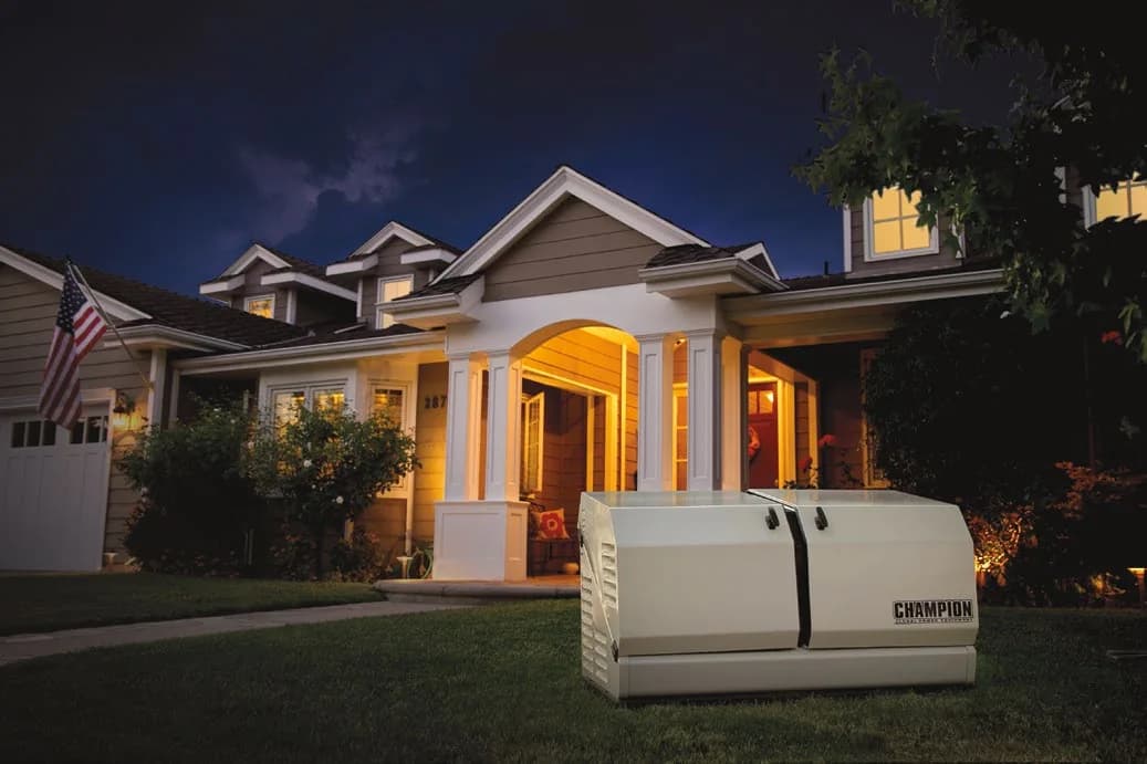 Home standby generator keeping a house powered during a stormy evening
