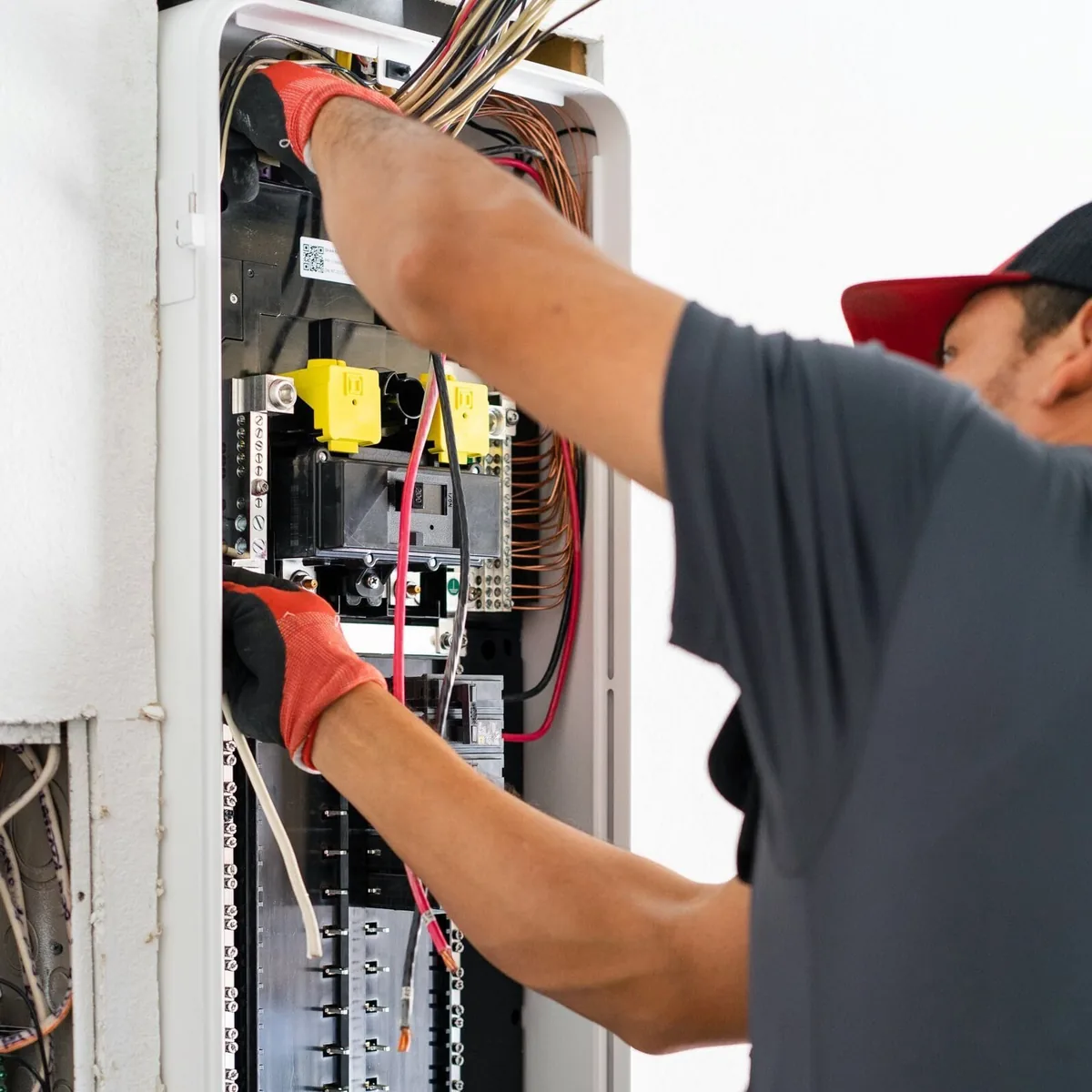 Licensed electrician installing a modern electrical panel
